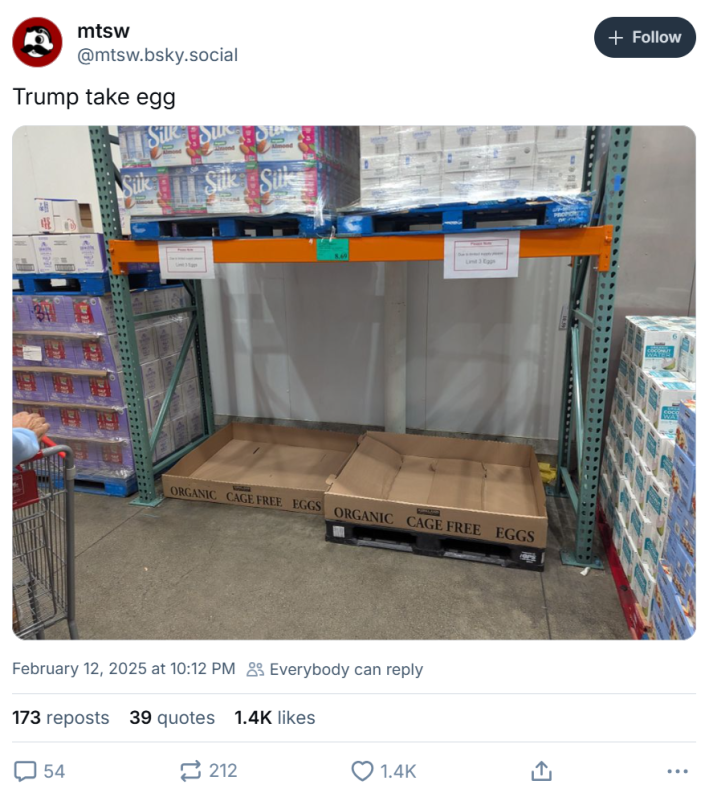Trump take egg meme showing an empty egg case at a grocery store.
