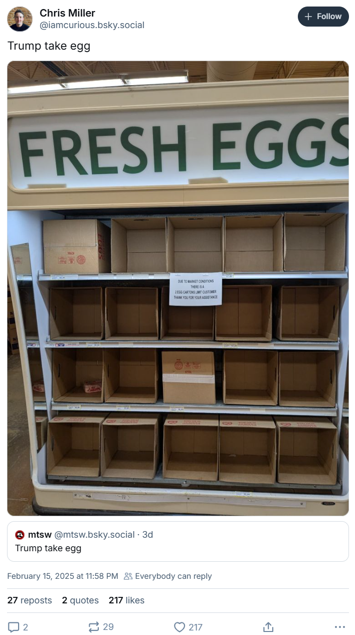 Trump take egg meme with empty grocery store shelves.