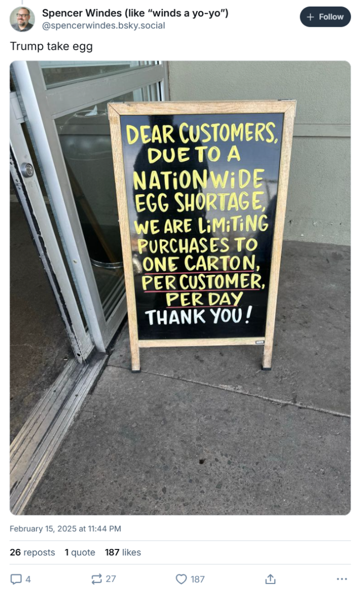 Trump take egg meme with empty grocery store limit on egg purchases.