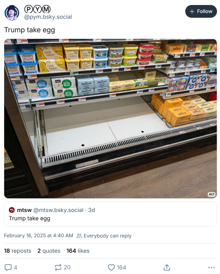 Trump take egg meme with empty grocery store shelves.