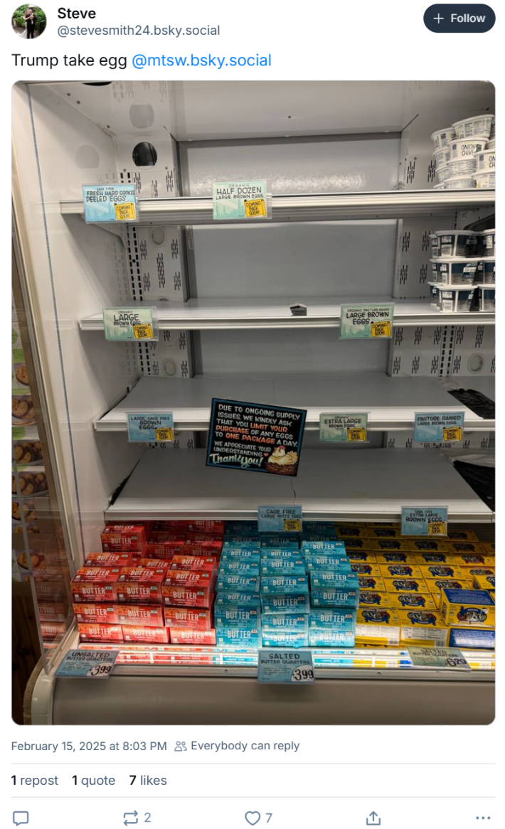 Trump take egg meme showing an empty egg case at a grocery store.