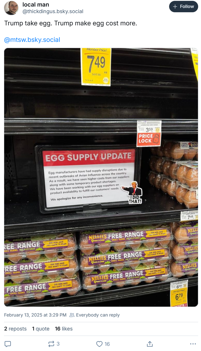 Trump take egg meme showing an empty egg case at a grocery store.