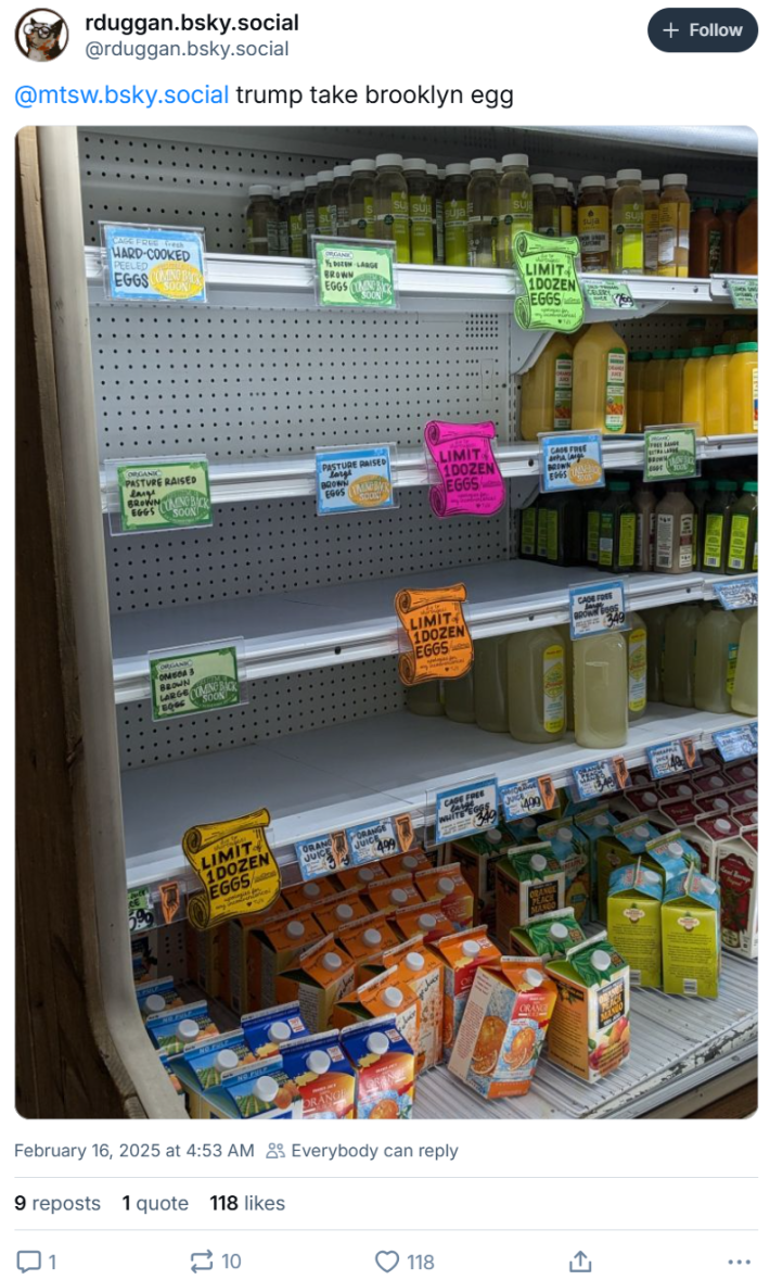 Trump take egg meme showing an empty egg case at a grocery store.