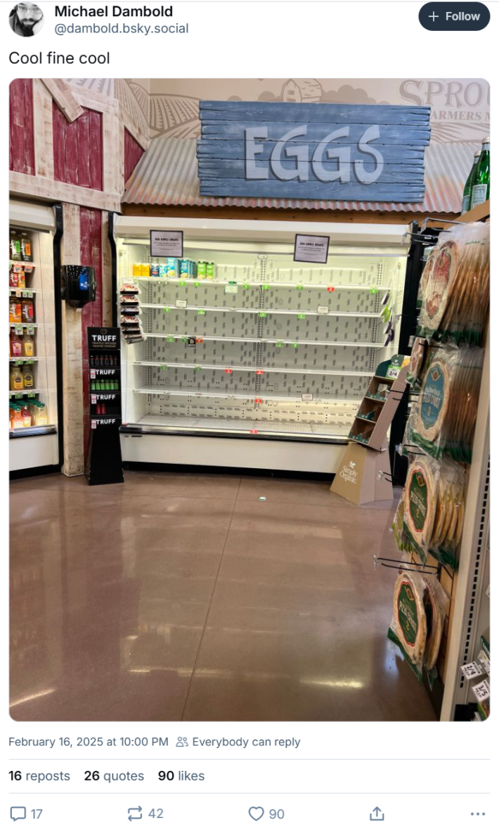 Trump take egg meme showing an empty egg case at a grocery store.