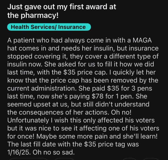 Reddit post about a pharmacy customer who voted for Trump and was angry that her insulin costs went up.