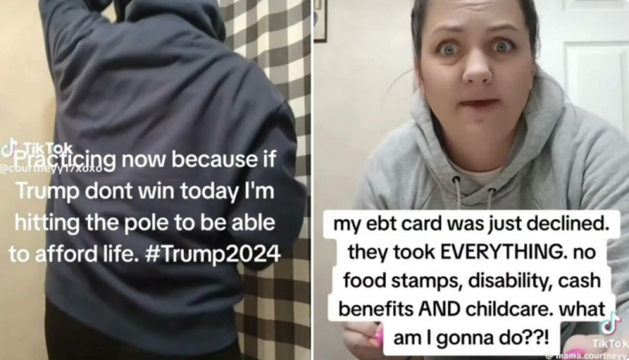 Two TikTok screenshots side by side, the first saying she'll start stripping if Trump loses in 2024 and the second saying she lost all her welfare benefits after he won.