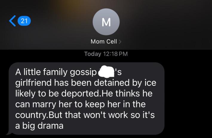 Text saying that a Trump supporter's girlfriend is being deported.