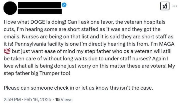 Tweet saying the user loves what DOGE is doing but complaining about Veterans hospitals staffing cuts.
