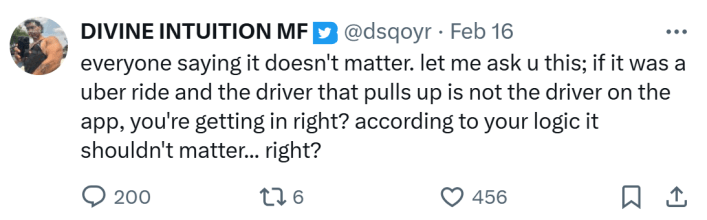 Tweet responding to story of unvetted substitute delivery drivers, text reads, "everyone saying it doesn't matter. let me ask u this; if it was a uber ride and the driver that pulls up is not the driver on the app, you're getting in right? according to your logic it shouldn't matter... right?"