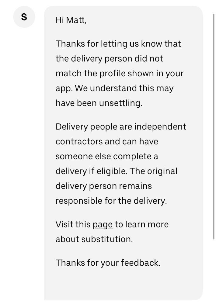 Uber's response to a report of illegal workers substituting for official delivery drivers.