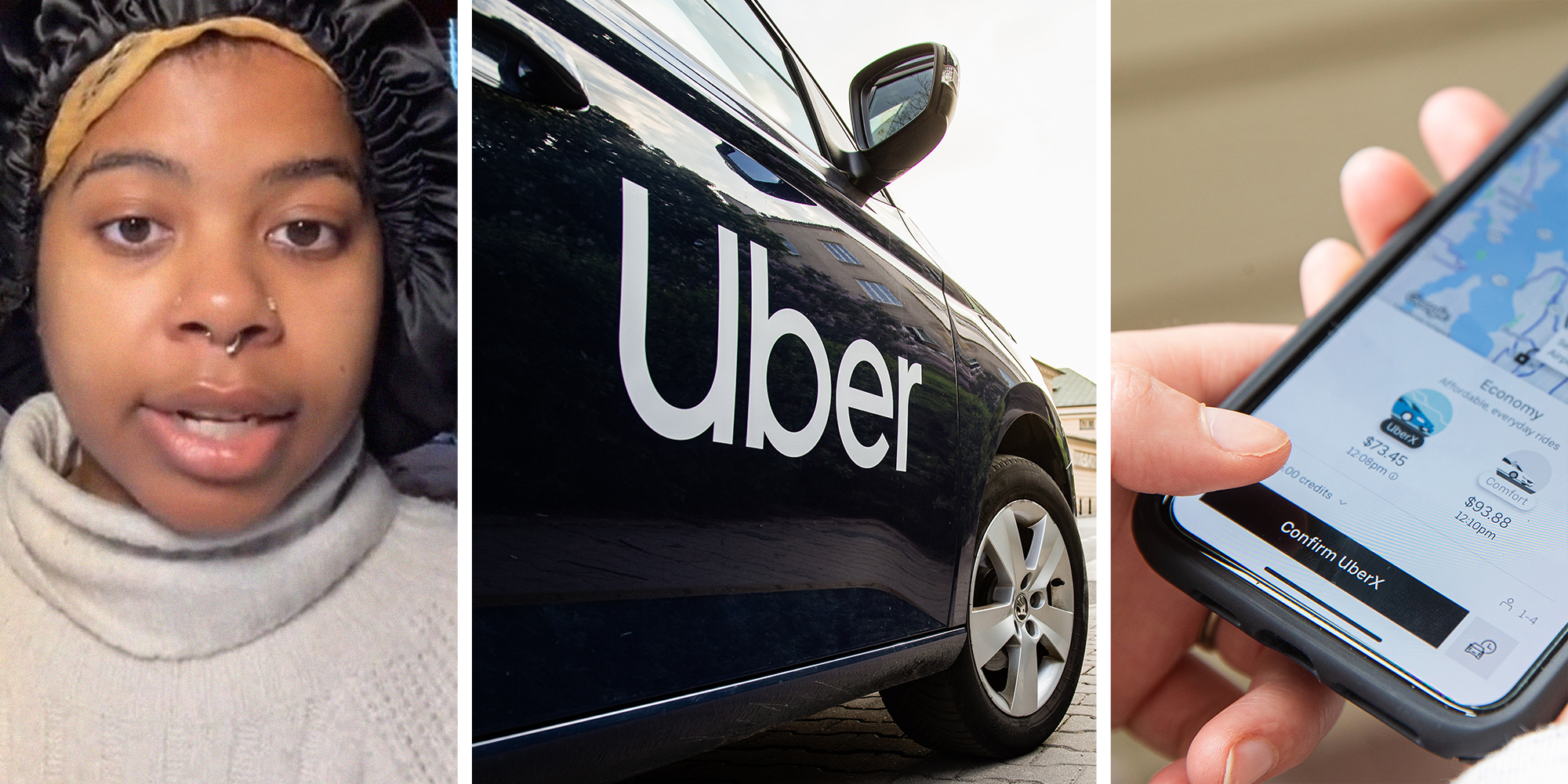 woman shares that uber is scamming people(l) Uber Logo on Black Vehicle(c) Person confirming UberX on Phone(r)
