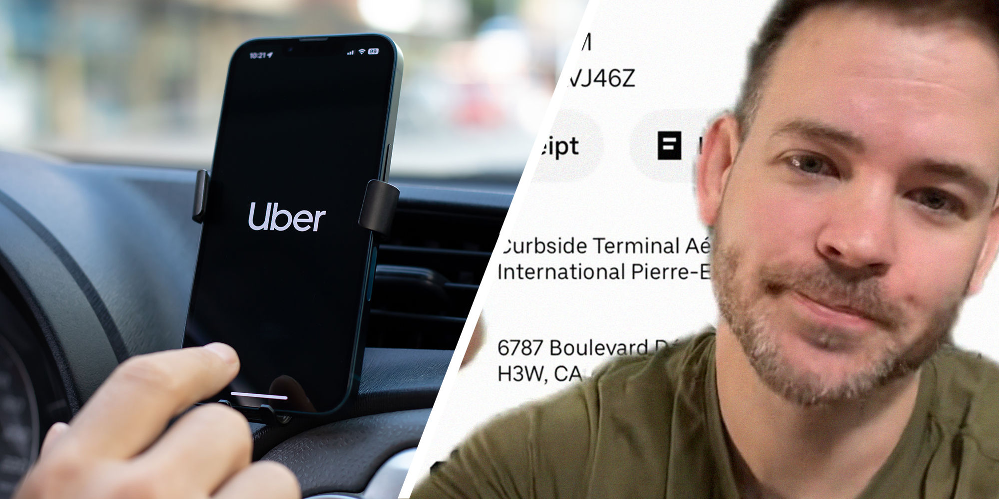 Person checking uber app on iphone while driving(l) Man complains about uber service(r)
