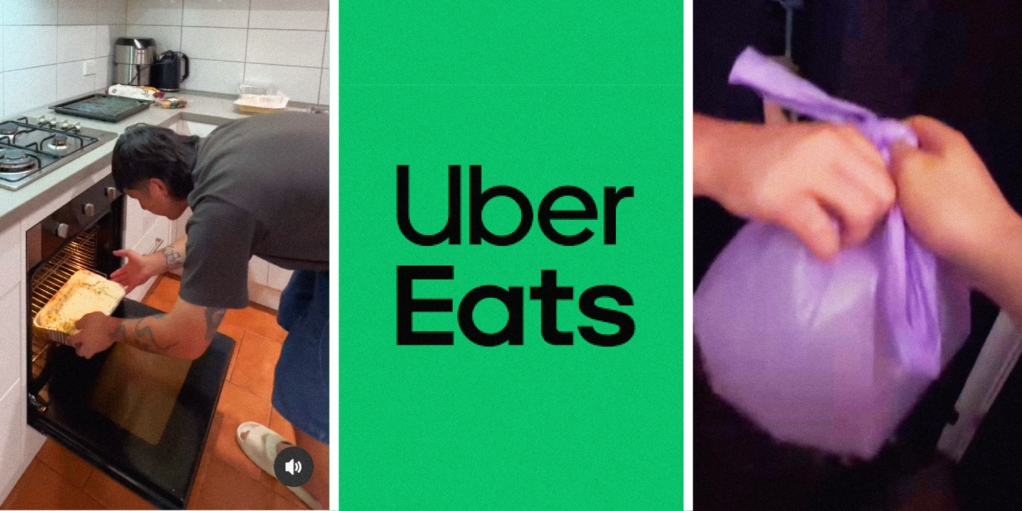 3 panel image: in the left panel a person puts a tray into the oven, in the middle is the Uber Eats logo, and on the right a person hands a plastic bag to another person.