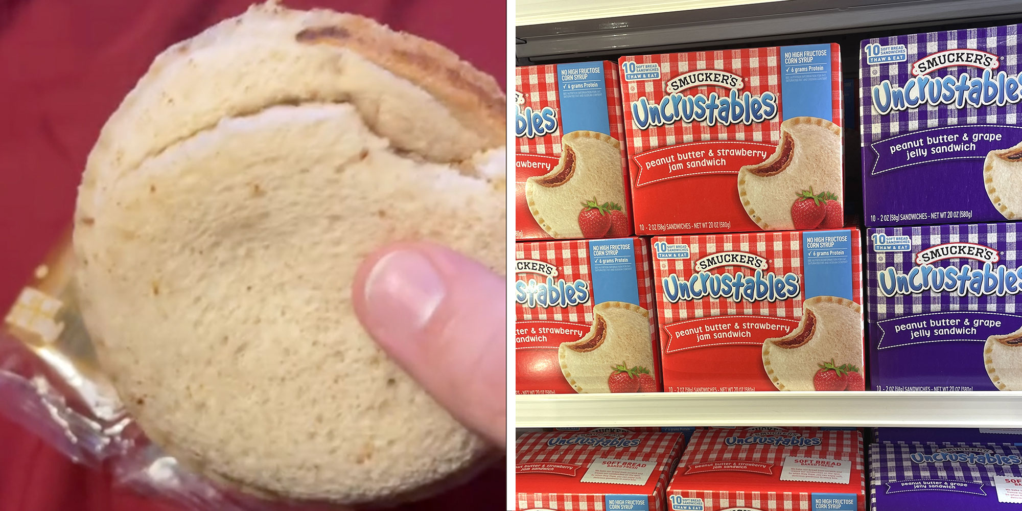 Screenshot from @momdadvicky's Tiktok of an Uncrustable; Photo of an Uncrustables display case in a supermarket.