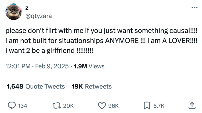 Valentine's Day meme, text reads, "please don’t flirt with me if you just want something causal!!!! i am not built for situationships ANYMORE !!! i am A LOVER!!!! I want 2 be a girlfriend !!!!!!!!!"