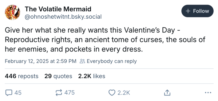 Valentine's Day meme, text reads, "Give her what she really wants this Valentine’s Day - Reproductive rights, an ancient tome of curses, the souls of her enemies, and pockets in every dress."