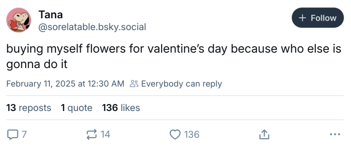 Valentine's Day meme, text reads, "buying myself flowers for valentine’s day because who else is gonna do it"