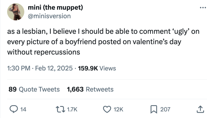 Valentine's Day meme, text reads, "as a lesbian, I believe I should be able to comment ‘ugly’ on every picture of a boyfriend posted on valentine’s day without repercussions"