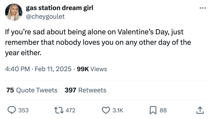 Valentine's Day meme, text reads, "Іf you’re sad about being alone on Valentine’s Day, just remember that nobody loves you on any other day of the year either."