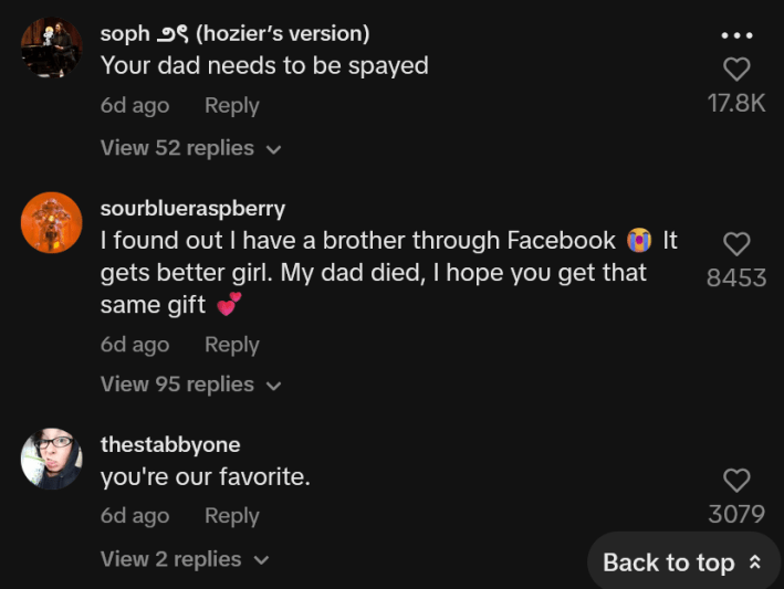 TikTok comments including one reading "Your dad needs to be spayed."