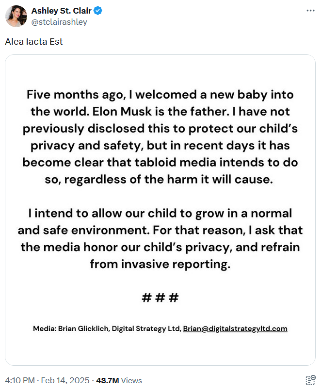 Ashley St. Clair tweet announcing her baby with Elon Musk.