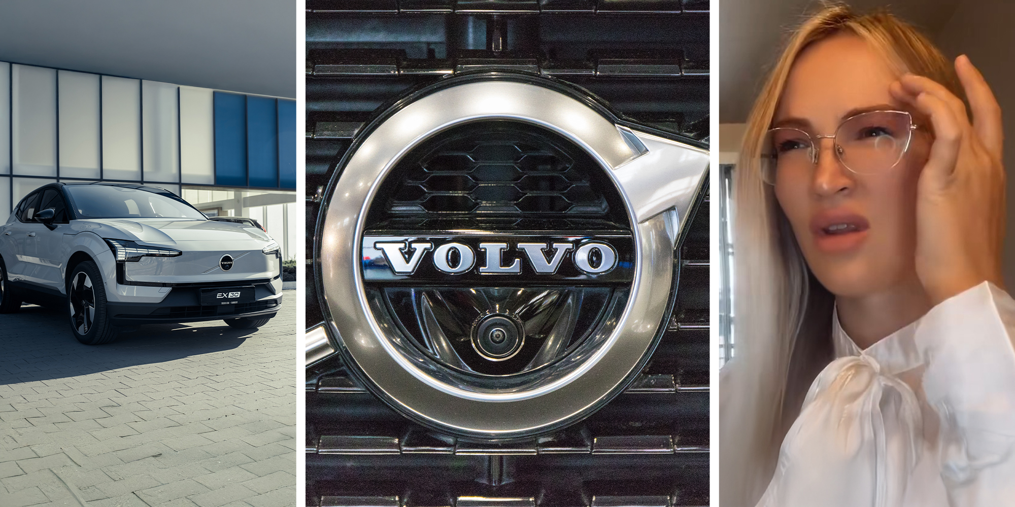 Eclectic Volvo(l) Volvo logo Brand(c) Woman wearing glasses(r)