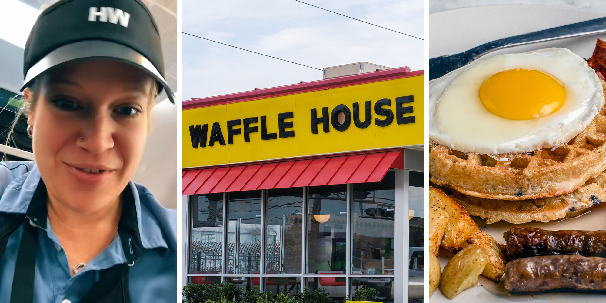 waffle house worker(l) Waffle House building(c) Waffles house breakfast consisting of eggs, waffles, sausages and potatoes(r)