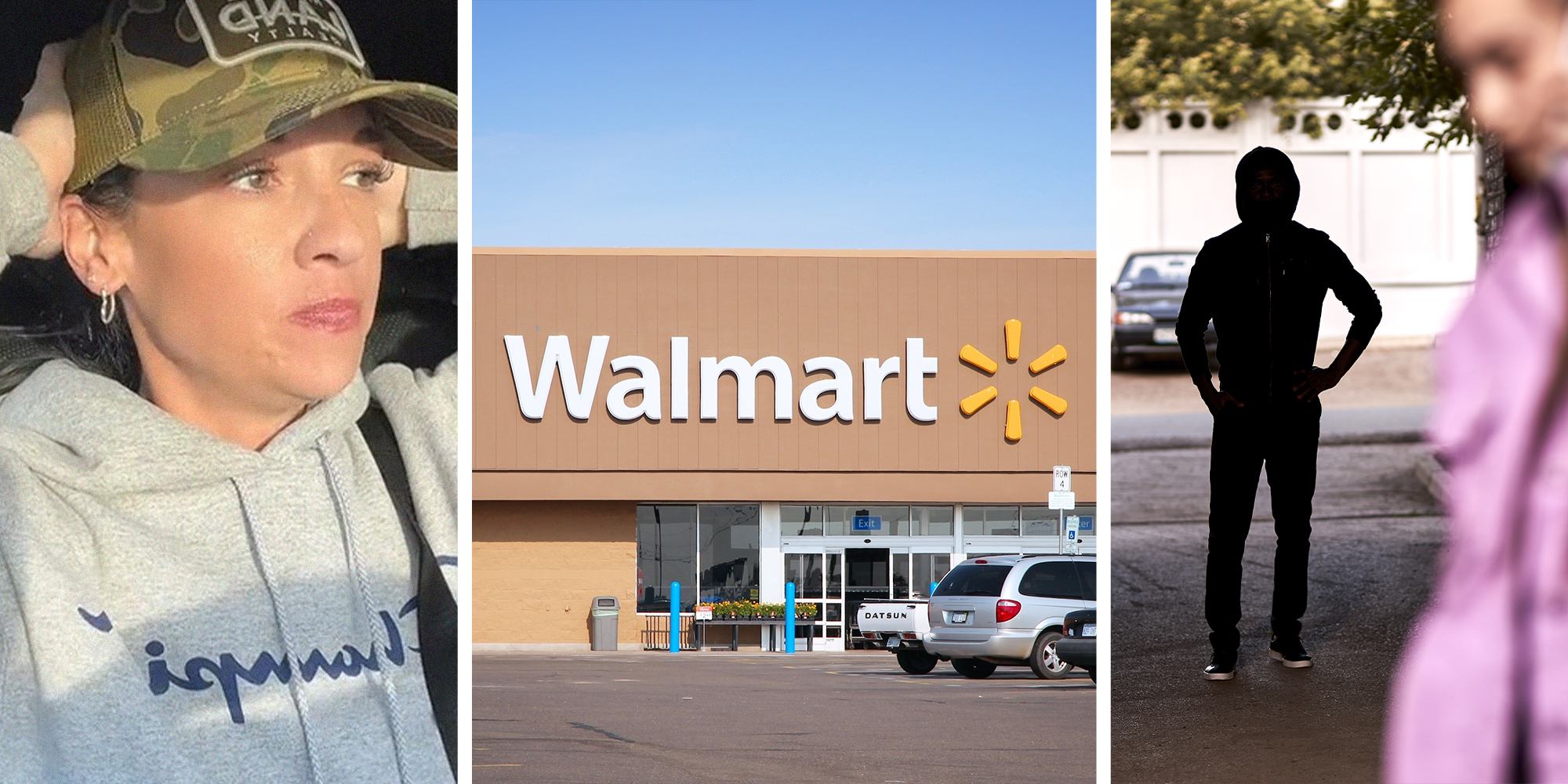 woman looking shocked(l) Walmart Store Front(c) Man in shadows stalking woman wearing purple jacket(r)