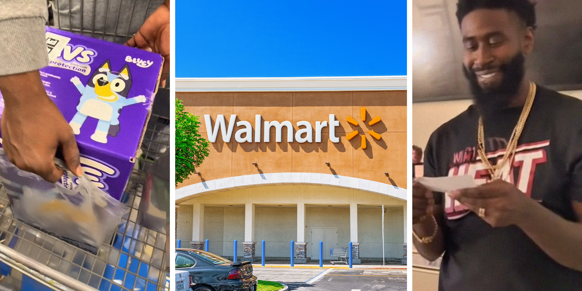 bluey box being placed inside of plastic bag(l) Walmart Store Front(c) Man shares walmart receipt hack(r)