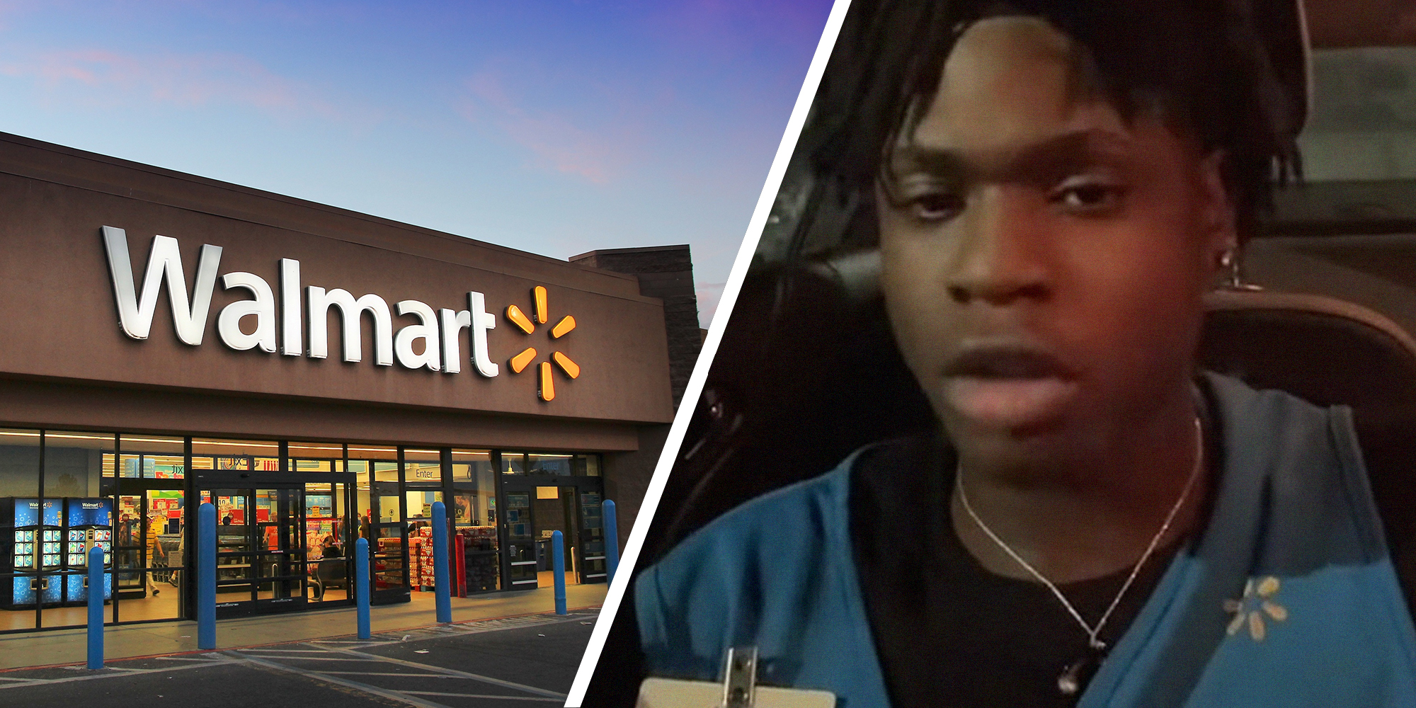 Walmart store front during the evening(l) Man inside car shares what its like working at walmart(r)
