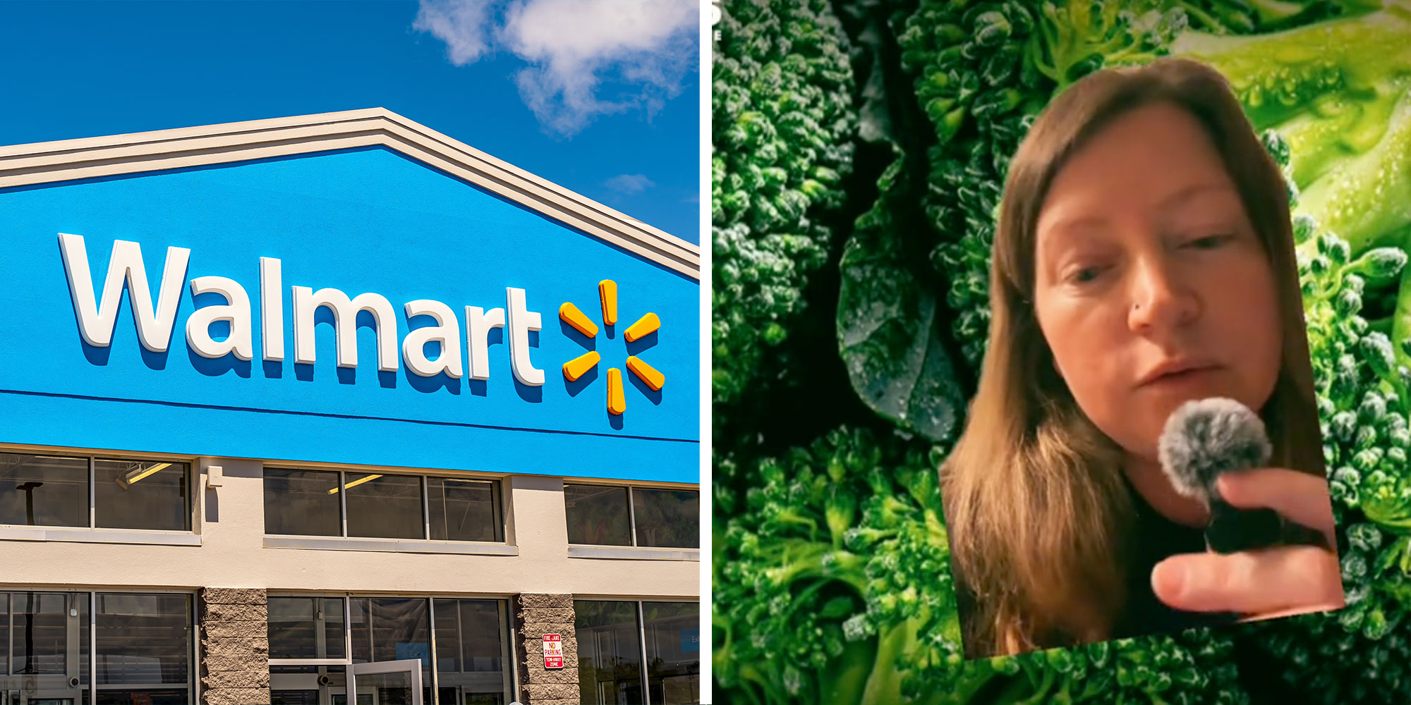 A photo of a Walmart exterior; A screenshot of Tiktok user @rachaeliskool over a photo of broccoli.