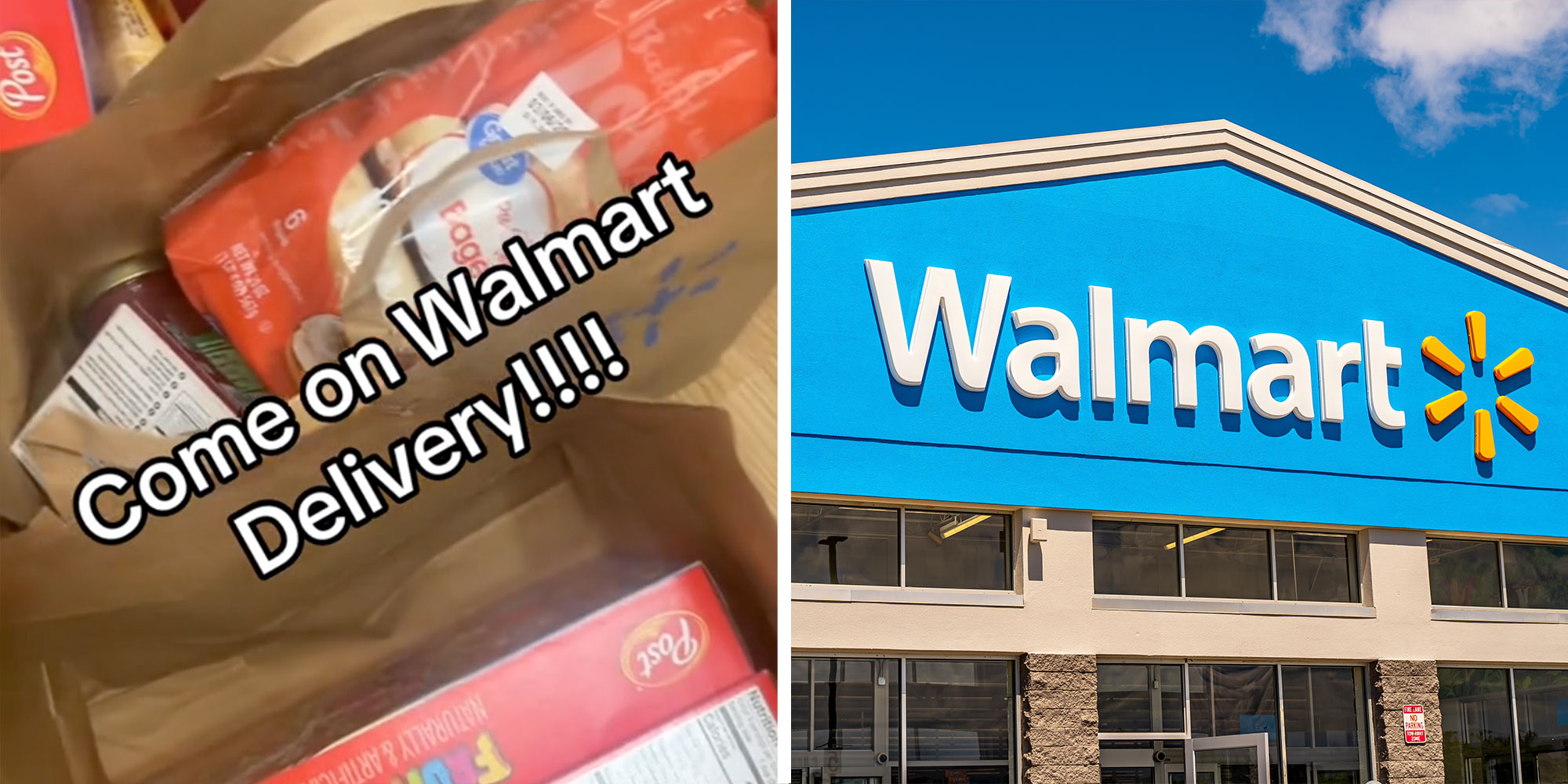 Screenshot from @jessicas.vip.section's Tiktok with the caption "Come on Walmart Delivery!!!!"; Photo of a Walmart Exterior.