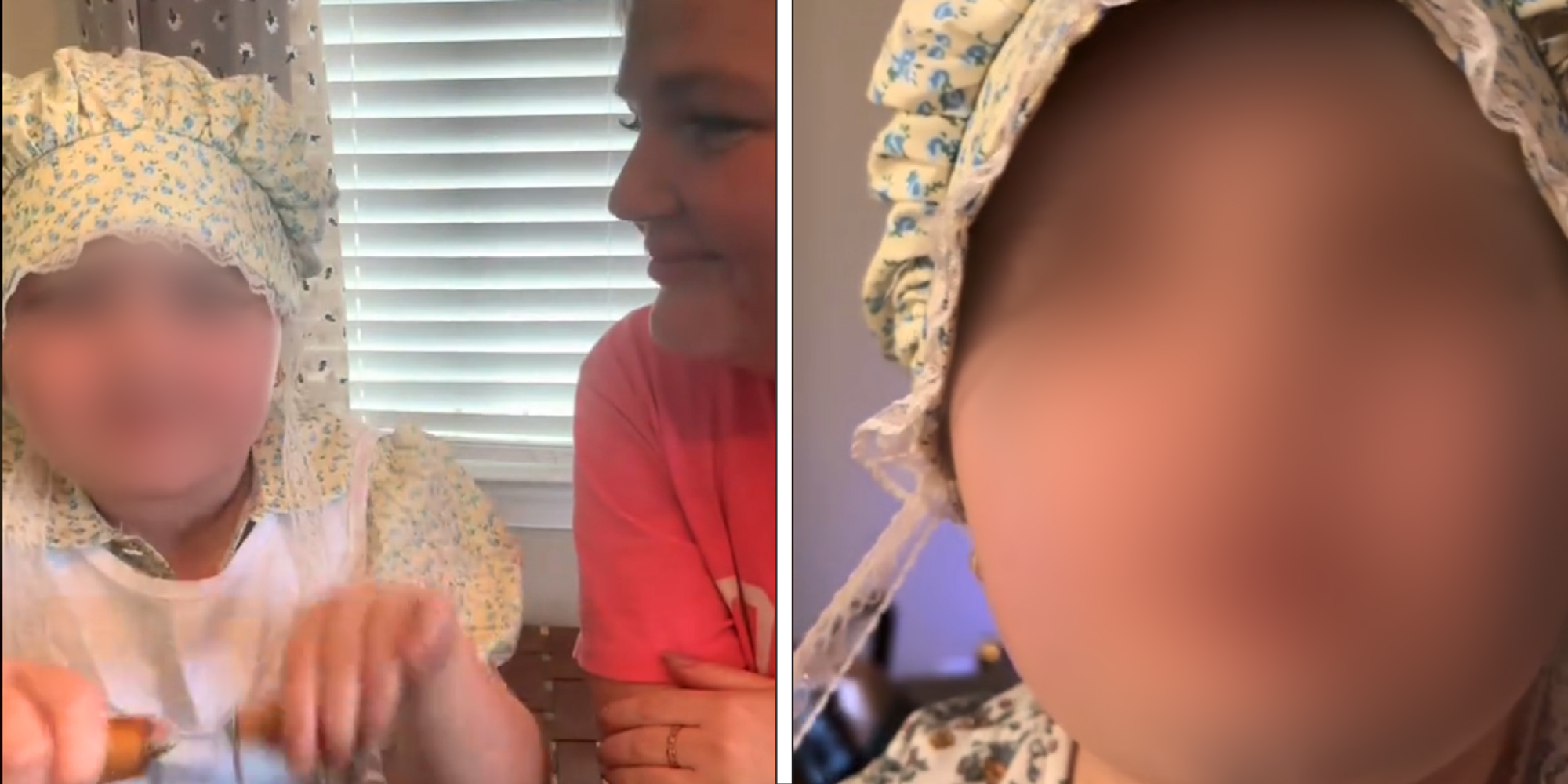 2 panel image showing a child wearing a traditional Amish dress.