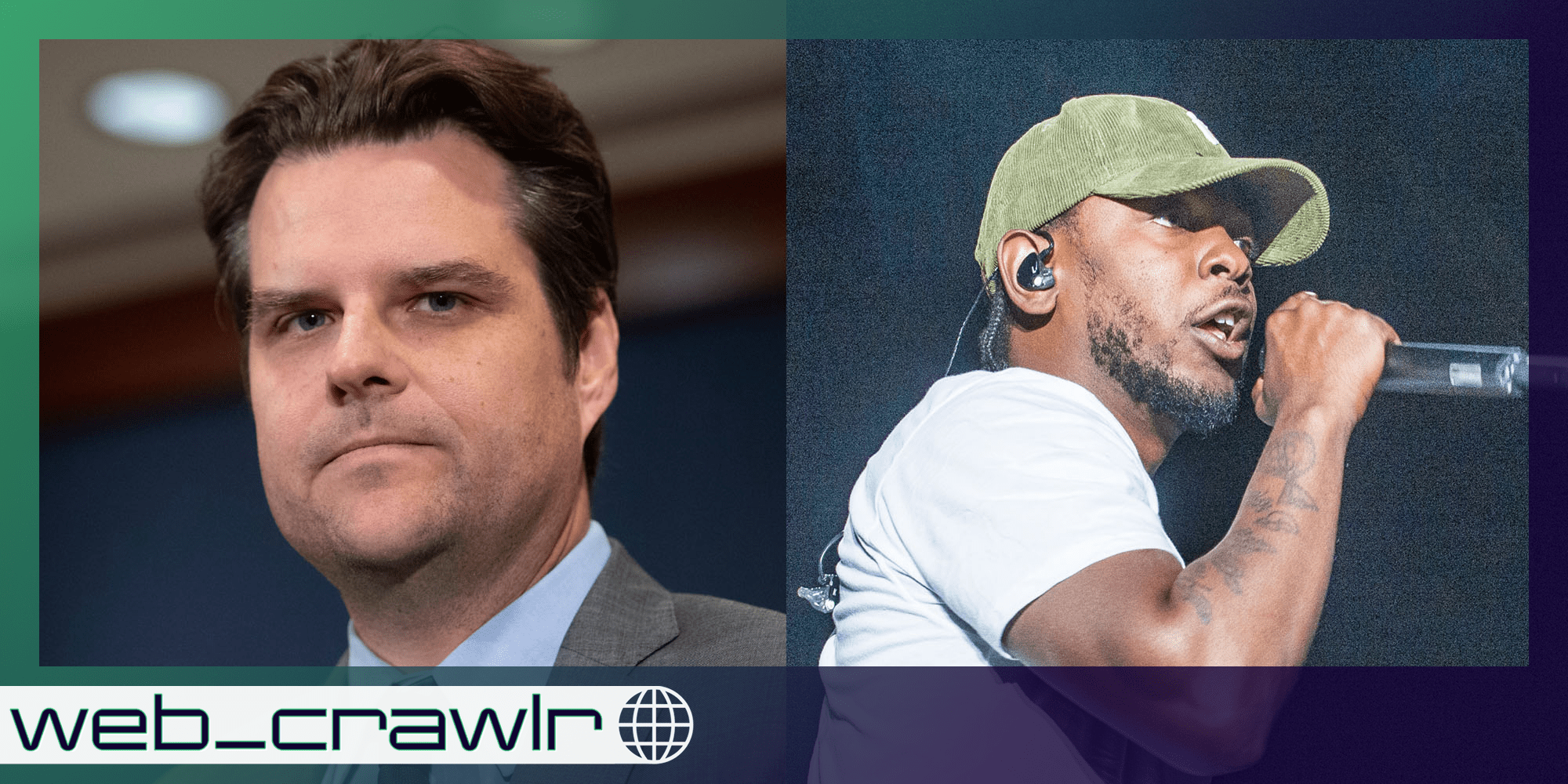 Matt Gaetz and Kendrick Lamar. The Daily Dot newsletter web_crawlr logo is in the bottom left corner.