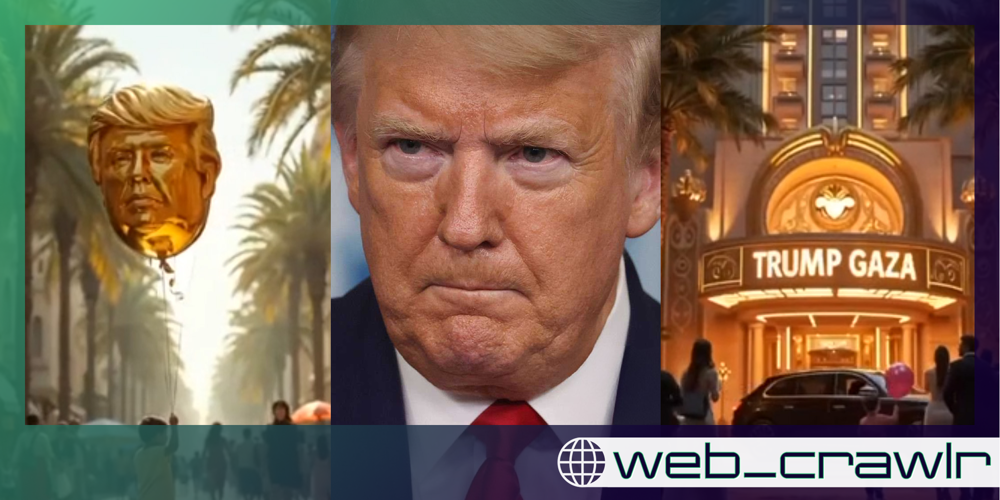 Screenshots from an AI video Trump shared. In the middle is Trump. The Daily Dot newsletter web_crawlr logo is in the bottom right corner.