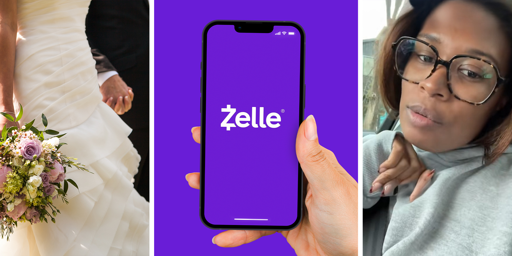 Couple getting married holding hands(l) Zelle Logo on phone display(c) Woman shares story about wedding couple charging for meals(r)