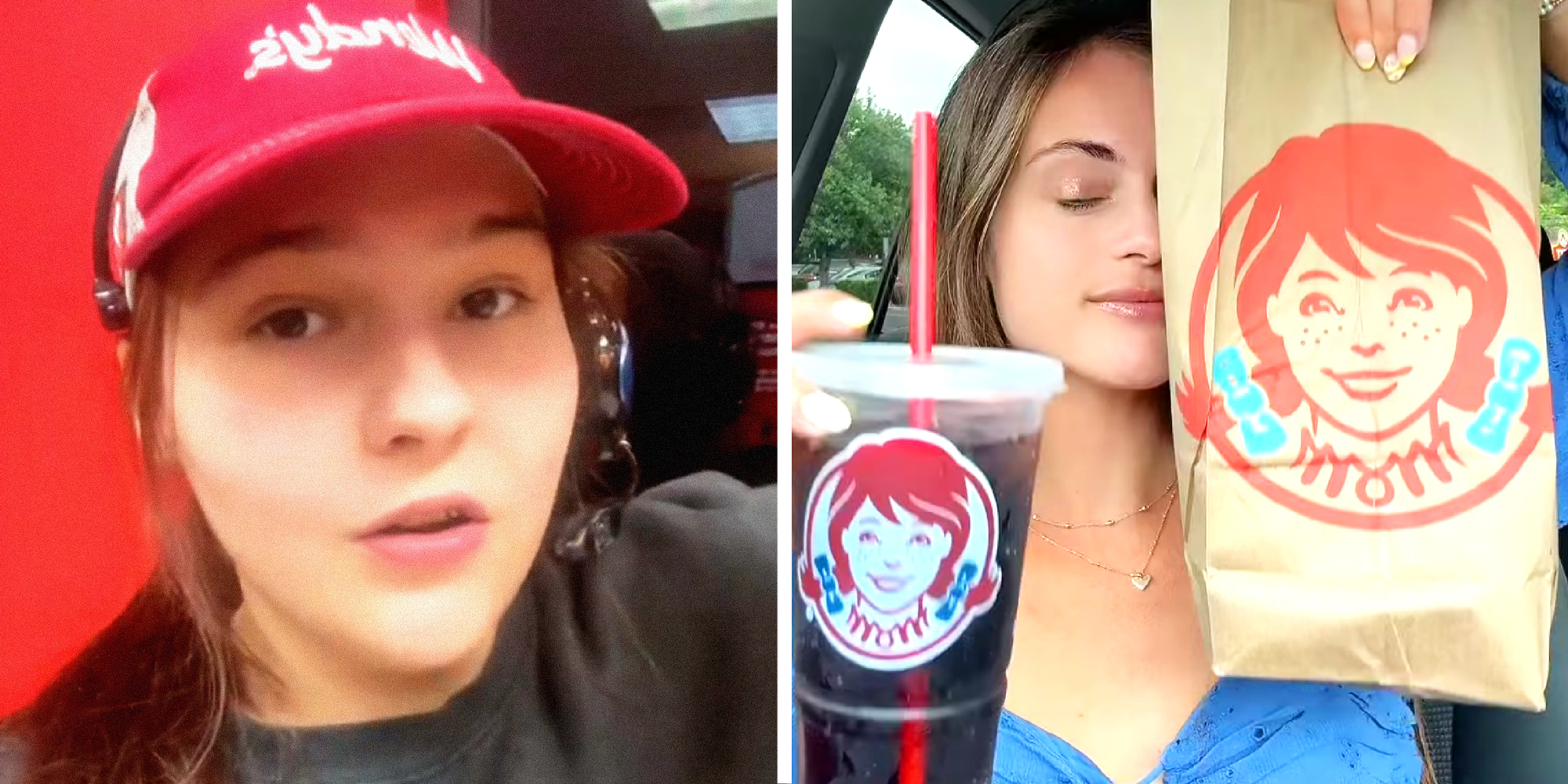 2 panel image: on the left a Wendy's employee explains and on the right a customer holds up fast food.