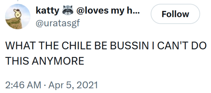 Tweet reading "WHAT THE CHILE BE BUSSIN I CAN'T DO THIS ANYMORE"