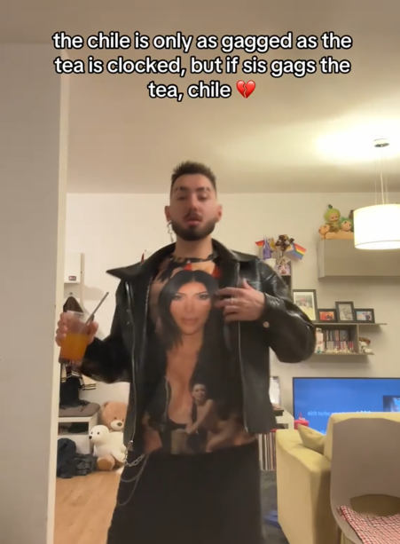 TikTok video of a man holding a beverage and a caption reading "the chile is only as gagged as the tea is clocked, but if sis gags the tea, chile."