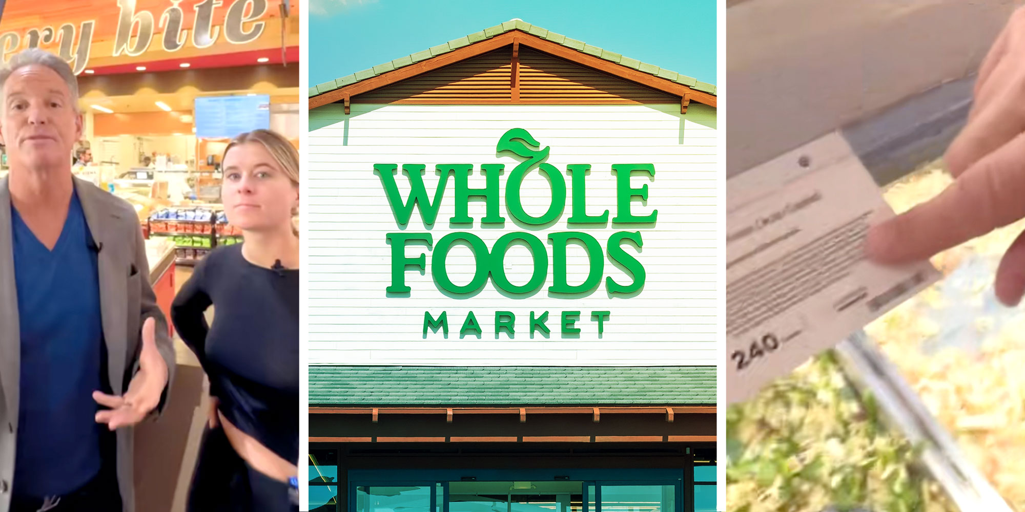 Screenshot of Tiktok users @drpompa and @droliviapompa at a Whole Foods Market; Exterior sign of a Whole Foods Market; Screenshot of @drpompa pointing to an ingredients label.