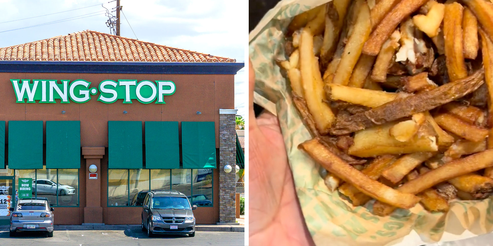 A Wing Stop exterior; a screenshot of Tiktok user @unseenvideoz2 holding Wing Stop fries.