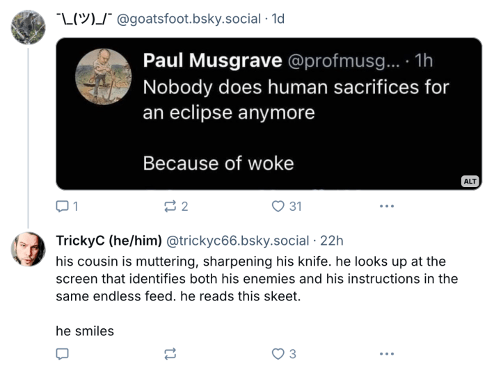 AITA woke chili reaction, screenshotted message reads, "Nobody does human sacrifices for an eclipse anymore. Because of woke." Text response reads, "his cousin is muttering, sharpening his knife. he looks up at the screen that identifies both his enemies and his instructions in the same endless feed. he reads this skeet. he smiles"
