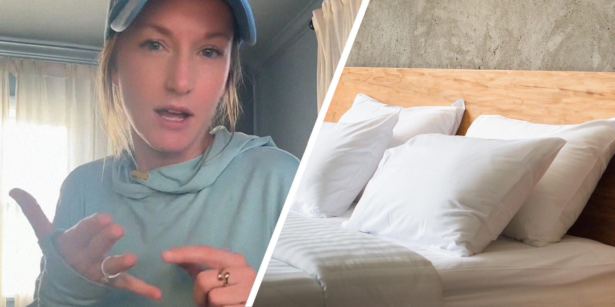 woman shares reason not to sleep with two pillows(l) Bed with multiple pillows(r)