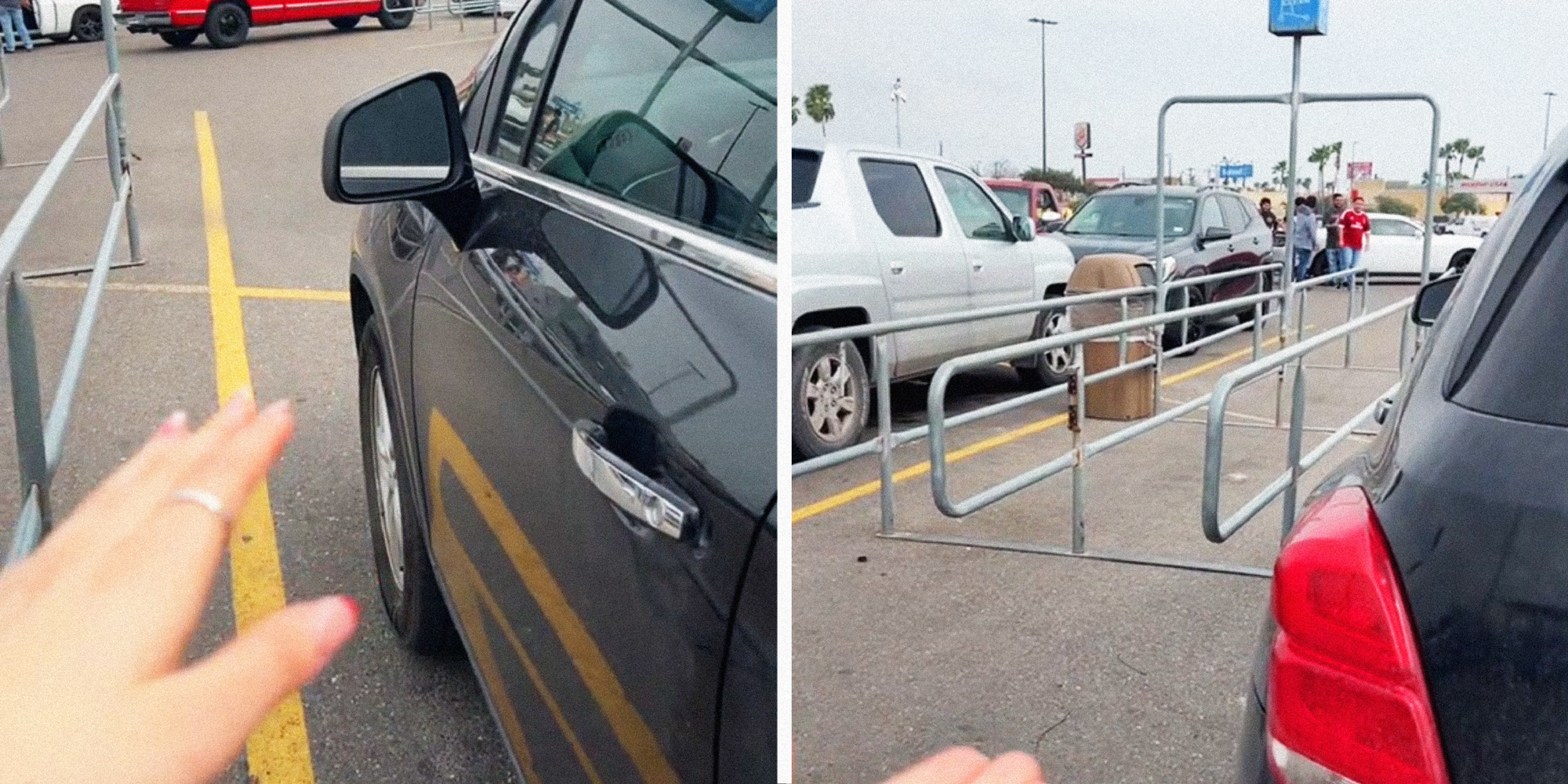 2 panel image: a person, off-camera, explains in a parking lot.