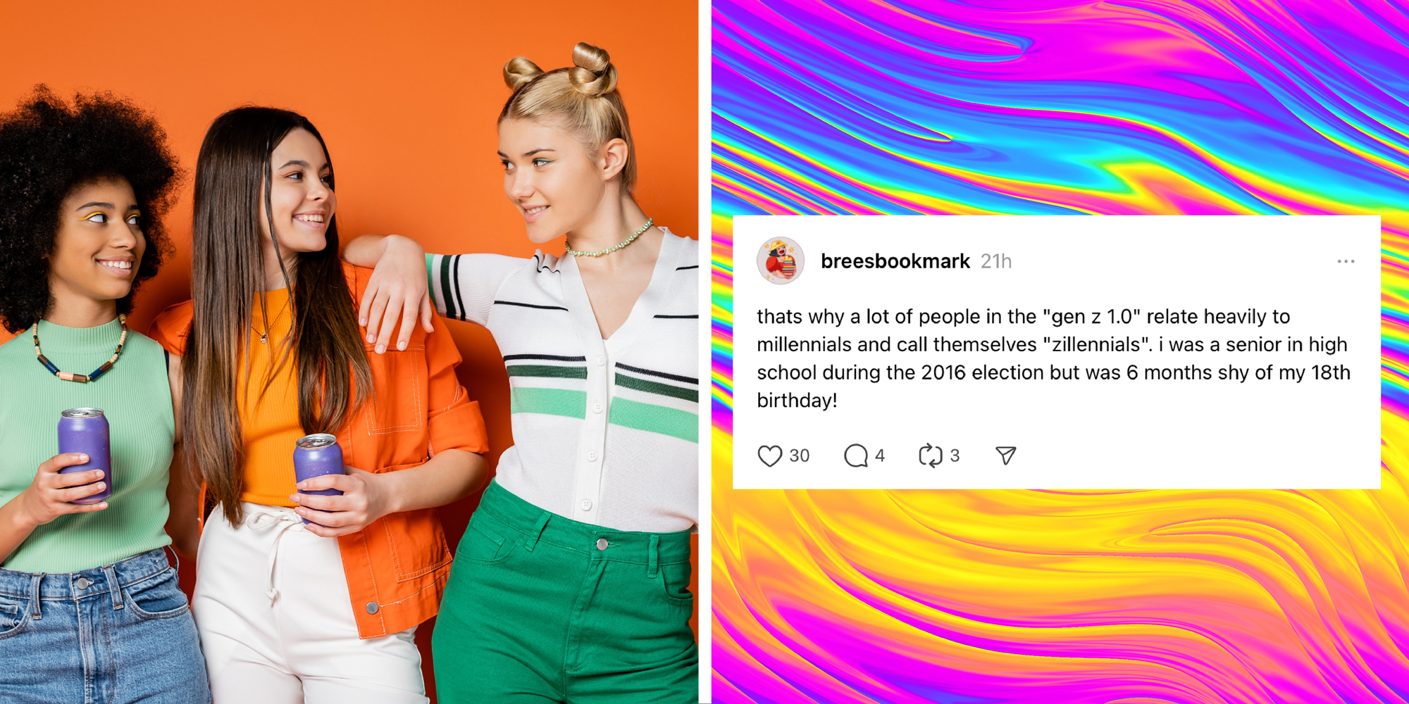 two panel image: on the left young models interact and on the right is a social post in front of a rainbow pattern.