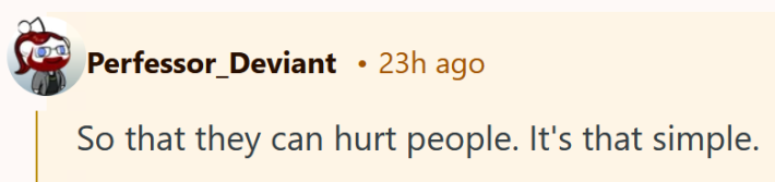 Reddit comment reading "So that they can hurt people. It's that simple."