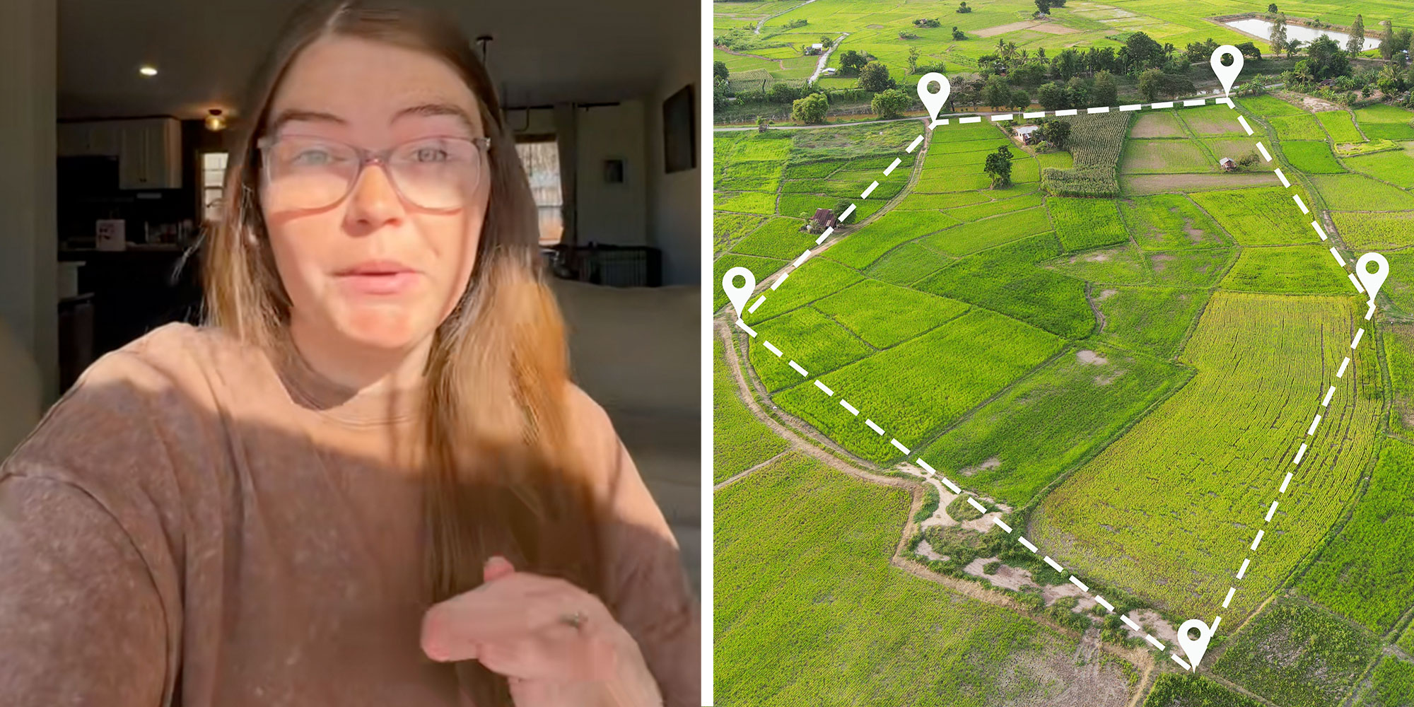 Screenshot of Tiktok user @jewles1517; Photo Illustration of a field with a drawn pentagon on the land.