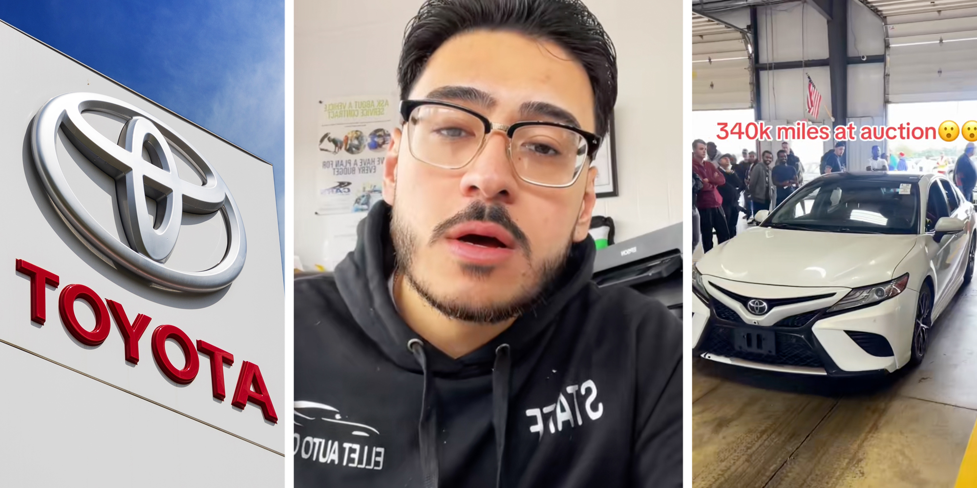 Toyota sign(l), Man talking(c), Toyota at auction(r)