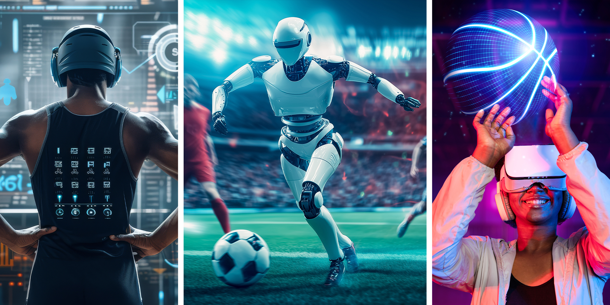 Man using AI to workout(l) Ai robot playing soccer(c) woman using vr to play sports(r)