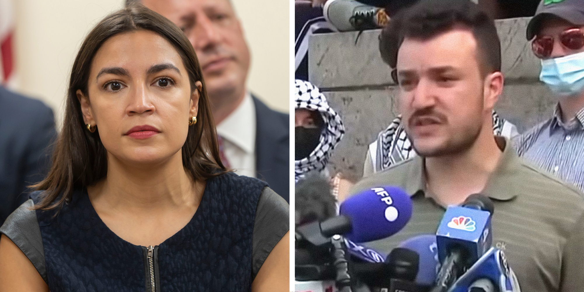 2 panel image: on the left Representative Alexandria Ocasio Cortez and on the right, activist Mahmoud Khalil.